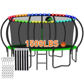 CITYLE Trampoline 1500LBS 12 14 15 16 FT Trampoline for Kids and Adults with Lights, 15FT Trampoline with Enclosure Net, Basketball Hoop, Wind Stakes, Heavy Duty Trampolines Outdoor, 15FT Green