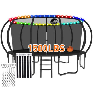 CITYLE Trampoline 1500LBS 12 14 15 16 FT Trampoline for Kids and Adults with Lights, 16FT Trampoline with Enclosure Net, Basketball Hoop, Wind Stakes, Heavy Duty Trampolines Outdoor