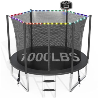CITYLE Trampoline 10FT for Kids and Adults with Lights, 1000LBS Weight Capacity, Heavy Duty Outdoor Trampolines with Basketball Hoop and Enclosure Net for Backyard, Birthday Gift