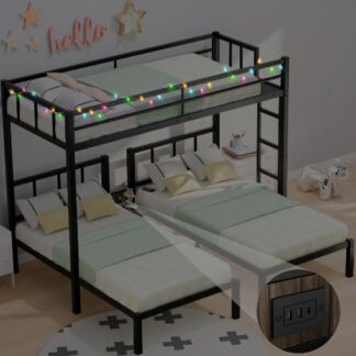 CITYLE Metal Triple Bunk Bed with LED Lights, Charging Station and Center Nightstand, 3 Beds Bunk Bed Twin over Twin and Twin for Adults Teens Adults, Space Saving Design, Black