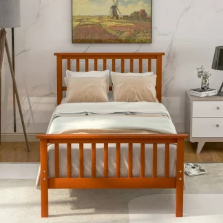 CITYLE Twin Platform Bed with Headboard and Footboard, Wood Twin Bed for for Kids, Teens Adults, Single Bed Frame Wood Slats Support, Easy Assembly, Rustic Style, Walnut