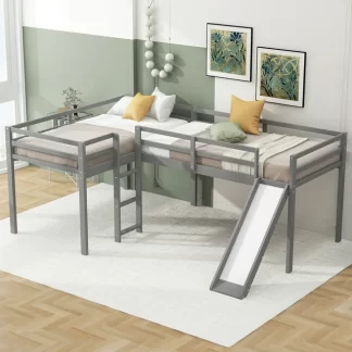 CITYLE Twin Size Loft Bed L-Shaped, Solid Wood Low Loft Bed with Slide and Ladder for 2 Kids Teens, No Box Spring Needed, Gray