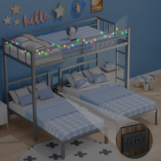 CITYLE Metal Triple Bunk Bed with LED Lights, Charging Station and Center Nightstand, 3 Beds Bunk Bed Twin over Twin and Twin for Kids Teens Adults, Space Saving Design, Silver