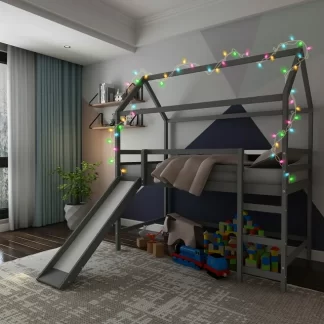 CITYLE Wood Twin House Loft Bed with LED Light Strip, Pitched Roof and Guardrails, Twin Loft Bed with Slide for Kids Toddlers, Twin Slide Bed for Boys and Girls, Gray