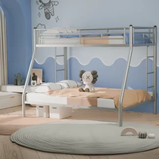 CITYLE Twin over Full Size Bunk Bed for Teens and Adults, Heavy Duty Metal Bunk Bed with 2 Bulit-in Side Ladders, Under Bed Storage, Noise Free, Easy Assembly, Silver