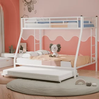 CITYLE Twin over Full Bunk Bed with Trundle, Metal Triple Bunk Bed for Teens and Adults with 2 Bulit-in Side Ladders, Noise Free, Easy Assembly, White