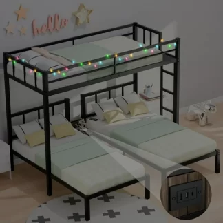 CITYLE Metal Triple Bunk Bed with LED Lights, Charging Station and Center Nightstand, 3 Beds Bunk Bed Twin over Twin and Twin for Adults Teens Adults, Space Saving Design, Black