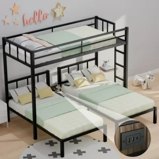 CITYLE Triple Bunk Bed for Adults, Metal Twin over Twin and Twin 3 Beds Bunk Beds with Charging Station and Center Nightstand, Space Saving Design, Black