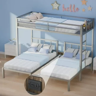 CITYLE Triple Bunk Bed for Adults, Metal Twin over Twin and Twin 3 Beds Bunk Beds with Charging Station and Center Nightstand, Space Saving Design, Silver