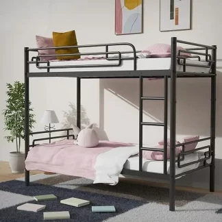 CITYLE Metal Bunk Bed Twin over Twin Bunk Bed, Heavy Duty Steel Metal Bunk Bed Frame with Full-Length Guardrail and Ladder, Slat Support, Space Saving Design, No Box Spring Needed, Black