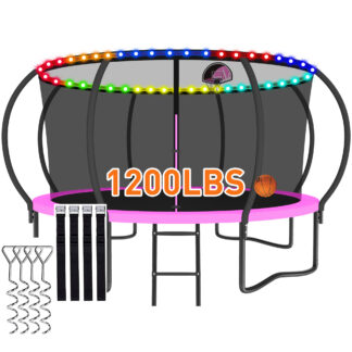 CITYLE Trampoline 1500LBS 12 14 15 16 FT Trampoline for Kids and Adults with Lights, 12FT Trampoline with Enclosure Net, Basketball Hoop, Wind Stakes, Heavy Duty Trampolines Outdoor, Pink
