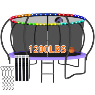 CITYLE Trampoline 1500LBS 12 14 15 16 FT Trampoline for Kids and Adults with Lights, 12FT Trampoline with Enclosure Net, Basketball Hoop, Wind Stakes, Heavy Duty Trampolines Outdoor, Purple
