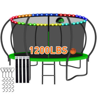 CITYLE Trampoline 1500LBS 12 14 15 16 FT Trampoline for Kids and Adults with Lights, 12FT Trampoline with Enclosure Net, Basketball Hoop, Wind Stakes, Heavy Duty Trampolines Outdoor, Green