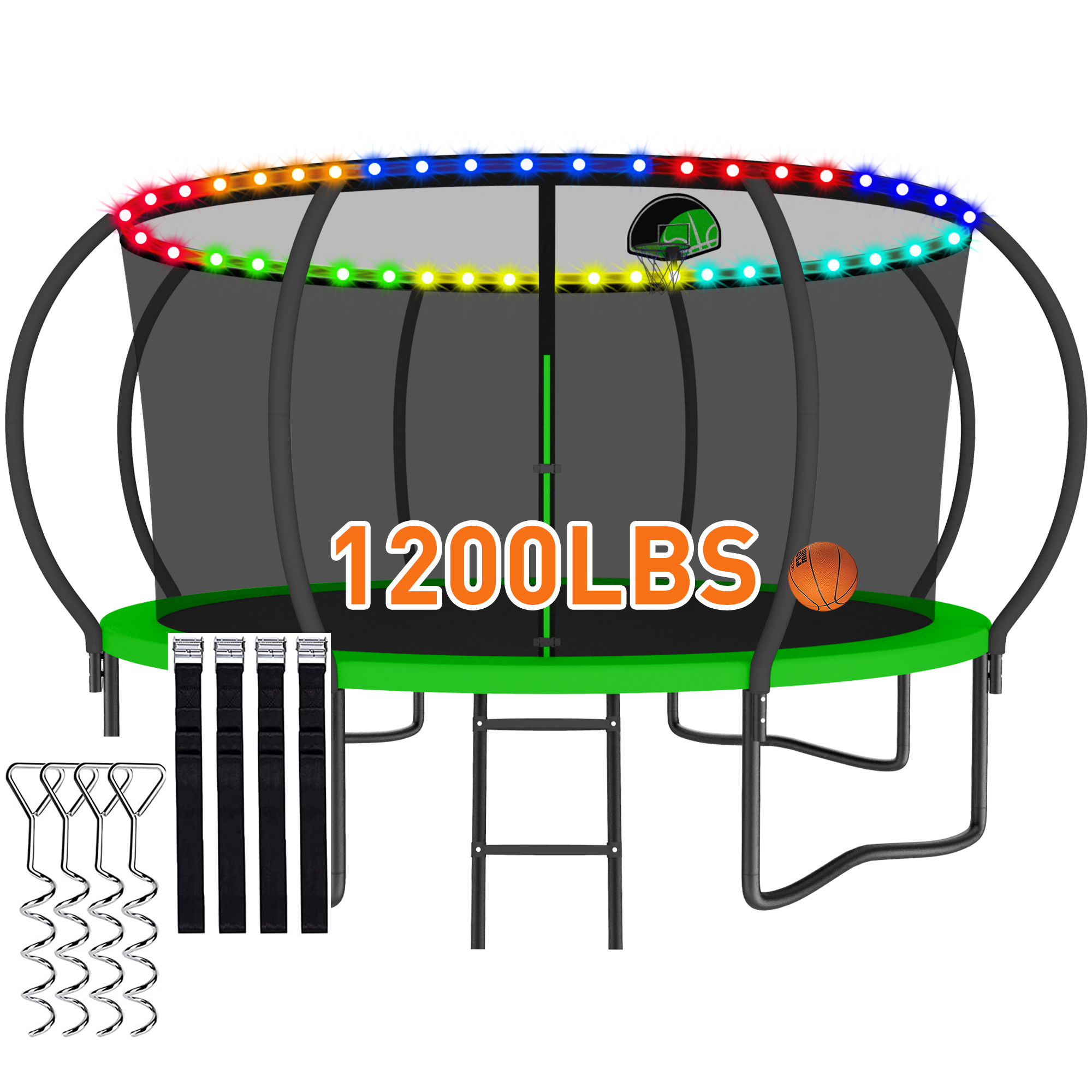 CITYLE Trampoline 1500LBS 12 14 15 16 FT Trampoline for Kids and Adults with Lights, 12FT Trampoline with Enclosure Net, Basketball Hoop, Wind Stakes, Heavy Duty Trampolines Outdoor, Green