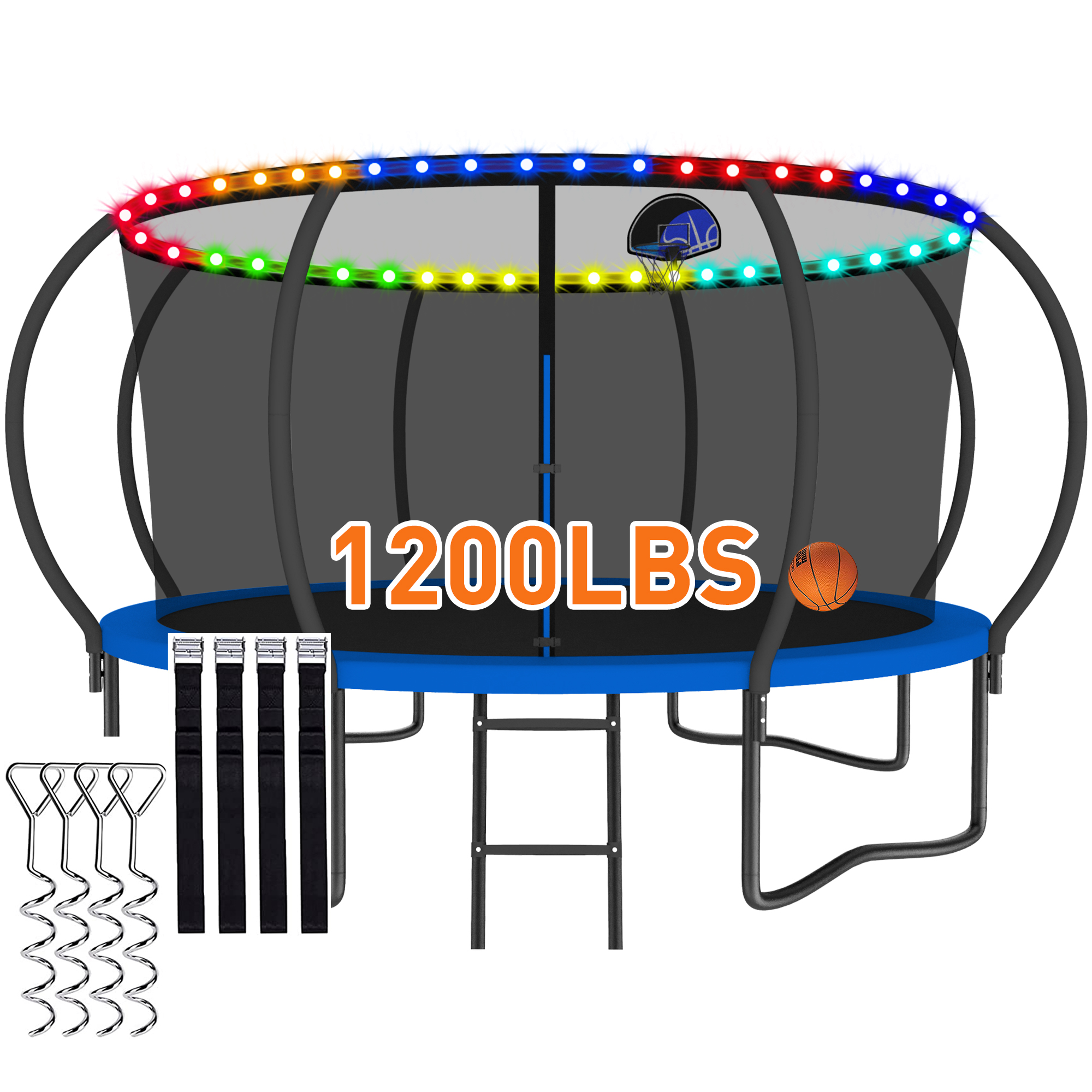 CITYLE Trampoline 1500LBS 12 14 15 16 FT Trampoline for Kids and Adults with Lights, 12FT Trampoline with Enclosure Net, Basketball Hoop, Wind Stakes, Heavy Duty Trampolines Outdoor, Blue