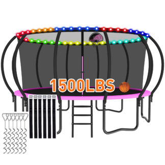 CITYLE Trampoline 1500LBS 12 14 15 16 FT Trampoline for Kids and Adults with Lights, 16FT Trampoline with Enclosure Net, Basketball Hoop, Wind Stakes, Heavy Duty Trampolines Outdoor, Pink
