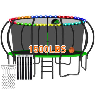 CITYLE Trampoline 1500LBS 12 14 15 16 FT Trampoline for Kids and Adults with Lights, 16FT Trampoline with Enclosure Net, Basketball Hoop, Wind Stakes, Heavy Duty Trampolines Outdoor, Green