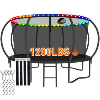 CITYLE Trampoline 1500LBS 12 14 15 16 FT Trampoline for Kids and Adults with Lights, 12FT Trampoline with Enclosure Net, Basketball Hoop, Wind Stakes, Heavy Duty Trampolines Outdoor