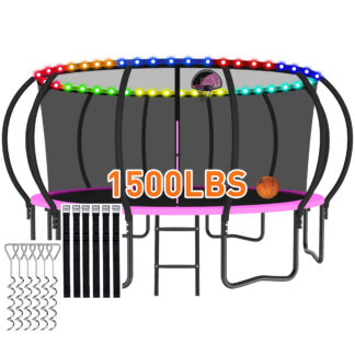 CITYLE Trampoline 1500LBS 12 14 15 16 FT Trampoline for Kids and Adults with Lights, 15FT Trampoline with Enclosure Net, Basketball Hoop, Wind Stakes, Heavy Duty Trampolines Outdoor, Pink