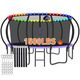 CITYLE Trampoline 1500LBS 12 14 15 16 FT Trampoline for Kids and Adults with Lights, 15FT Trampoline with Enclosure Net, Basketball Hoop, Wind Stakes, Heavy Duty Trampolines Outdoor