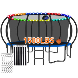 CITYLE Trampoline 1500LBS 12 14 15 16 FT Trampoline for Kids and Adults with Lights, 15FT Trampoline with Enclosure Net, Basketball Hoop, Wind Stakes, Heavy Duty Trampolines Outdoor,Blue