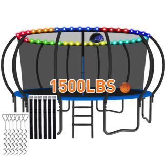 CITYLE Trampoline 1500LBS 12 14 15 16 FT Trampoline for Kids and Adults with Lights, 16FT Trampoline with Enclosure Net, Basketball Hoop, Wind Stakes, Heavy Duty Trampolines Outdoor, Blue
