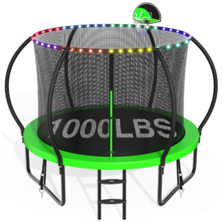 CITYLE 10FT Trampoline with Enclosure Net and Lights, Outdoor Trampoline for Kids and Adults, 1000LBS Trampoline with Basketball Hoop, Galvanized Steel Heavy Duty Trampolines with Wind Stakes, Green