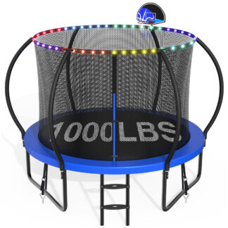 CITYLE 10FT Trampoline with Enclosure Net and Lights, Outdoor Trampoline for Kids and Adults, 1000LBS Trampoline with Basketball Hoop, Galvanized Steel Heavy Duty Trampolines with Wind Stakes,Blue