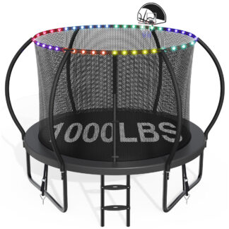 CITYLE 10FT Trampoline with Enclosure Net and Lights, Outdoor Trampoline for Kids and Adults, 1000LBS Trampoline with Basketball Hoop, Galvanized Steel Heavy Duty Trampolines with Wind Stakes, Black