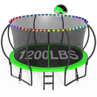 CITYLE Trampoline 1500LBS 12 14 15 16 FT Trampoline for Kids and Adults with Lights, 12FT Trampoline with Enclosure Net, Basketball Hoop, Wind Stakes, Heavy Duty Trampolines Outdoor, Green