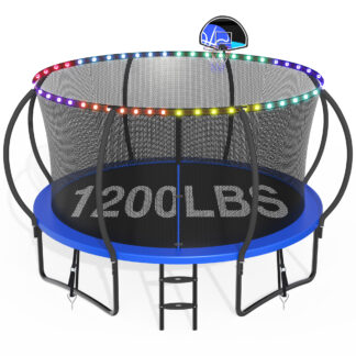 CITYLE Trampoline 1500LBS 12 14 15 16 FT Trampoline for Kids and Adults with Lights, 12FT Trampoline with Enclosure Net, Basketball Hoop, Wind Stakes, Heavy Duty Trampolines Outdoor, Blue