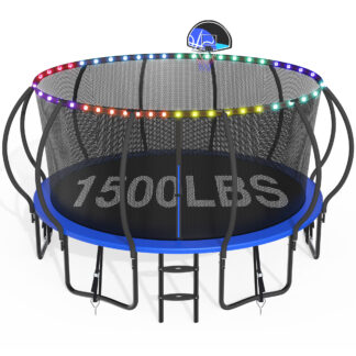 CITYLE Trampoline 1500LBS 12 14 15 16 FT Trampoline for Kids and Adults with Lights, 15FT Trampoline with Enclosure Net, Basketball Hoop, Wind Stakes, Heavy Duty Trampolines Outdoor,Blue