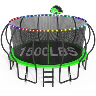 CITYLE Trampoline 1500LBS 12 14 15 16 FT Trampoline for Kids and Adults with Lights, 16FT Trampoline with Enclosure Net, Basketball Hoop, Wind Stakes, Heavy Duty Trampolines Outdoor, Green