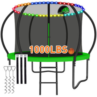 CITYLE 10FT Trampoline with Enclosure Net and Lights, Outdoor Trampoline for Kids and Adults, 1000LBS Trampoline with Basketball Hoop, Galvanized Steel Heavy Duty Trampolines with Wind Stakes, Green