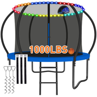 CITYLE 10FT Trampoline with Enclosure Net and Lights, Outdoor Trampoline for Kids and Adults, 1000LBS Trampoline with Basketball Hoop, Galvanized Steel Heavy Duty Trampolines with Wind Stakes,Blue