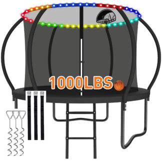 CITYLE 10FT Trampoline with Enclosure Net and Lights, Outdoor Trampoline for Kids and Adults, 1000LBS Trampoline with Basketball Hoop, Galvanized Steel Heavy Duty Trampolines with Wind Stakes, Black