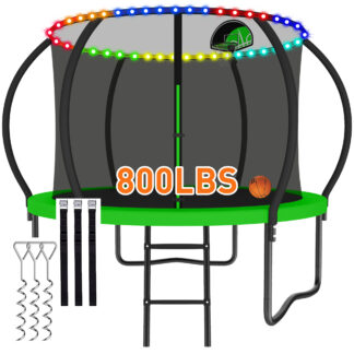 CITYLE 8FT Trampoline with Enclosure Net and Lights, Outdoor Trampoline for Kids and Adults, 800LBS Trampoline with Basketball Hoop, Galvanized Steel Heavy Duty Trampolines with Wind Stakes, Green