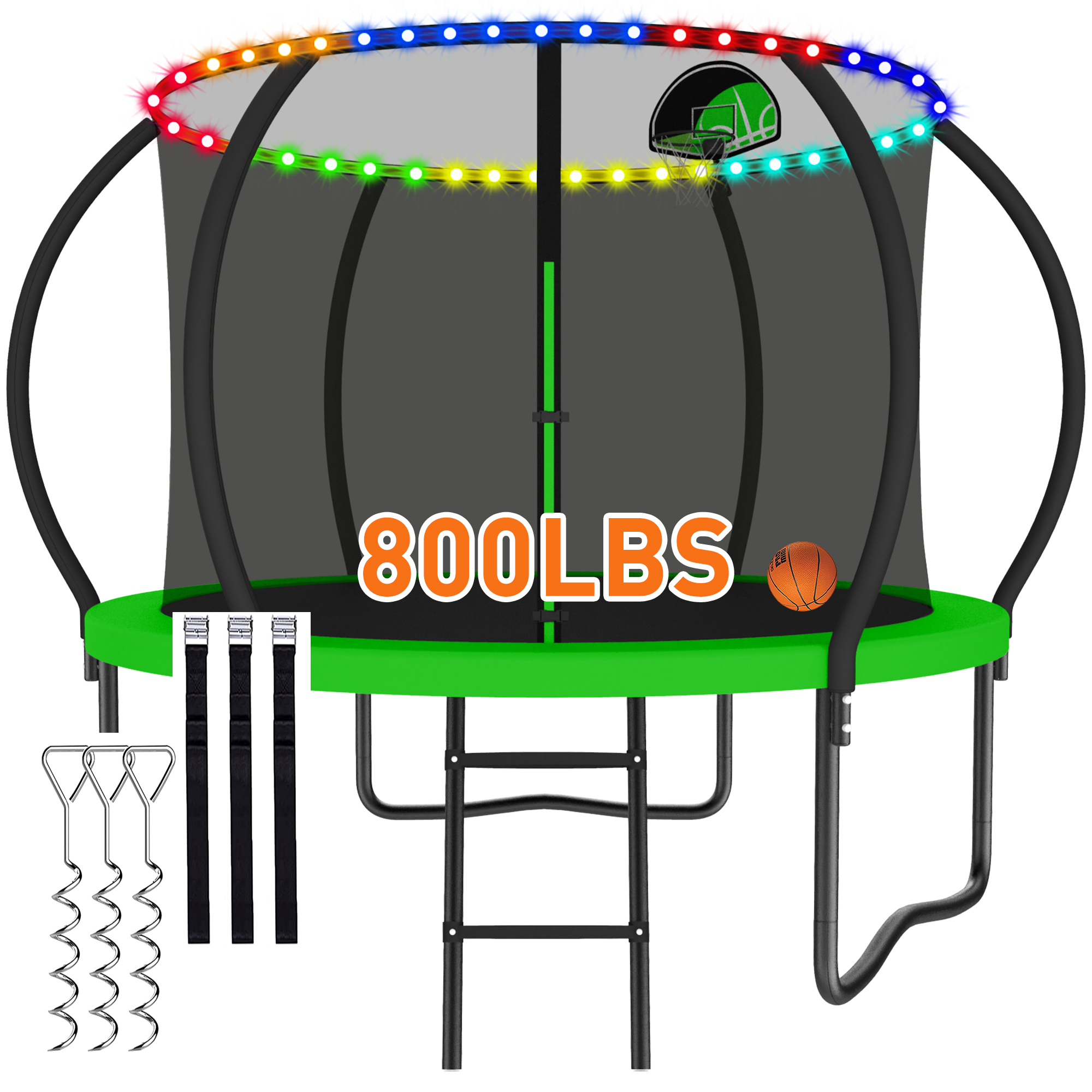 CITYLE 8FT Trampoline with Enclosure Net and Lights, Outdoor Trampoline for Kids and Adults, 800LBS Trampoline with Basketball Hoop, Galvanized Steel Heavy Duty Trampolines with Wind Stakes, Green