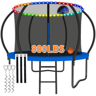 CITYLE 8FT Trampoline with Enclosure Net and Lights, Outdoor Trampoline for Kids and Adults, 800LBS Trampoline with Basketball Hoop, Galvanized Steel Heavy Duty Trampolines with Wind Stakes, Blue