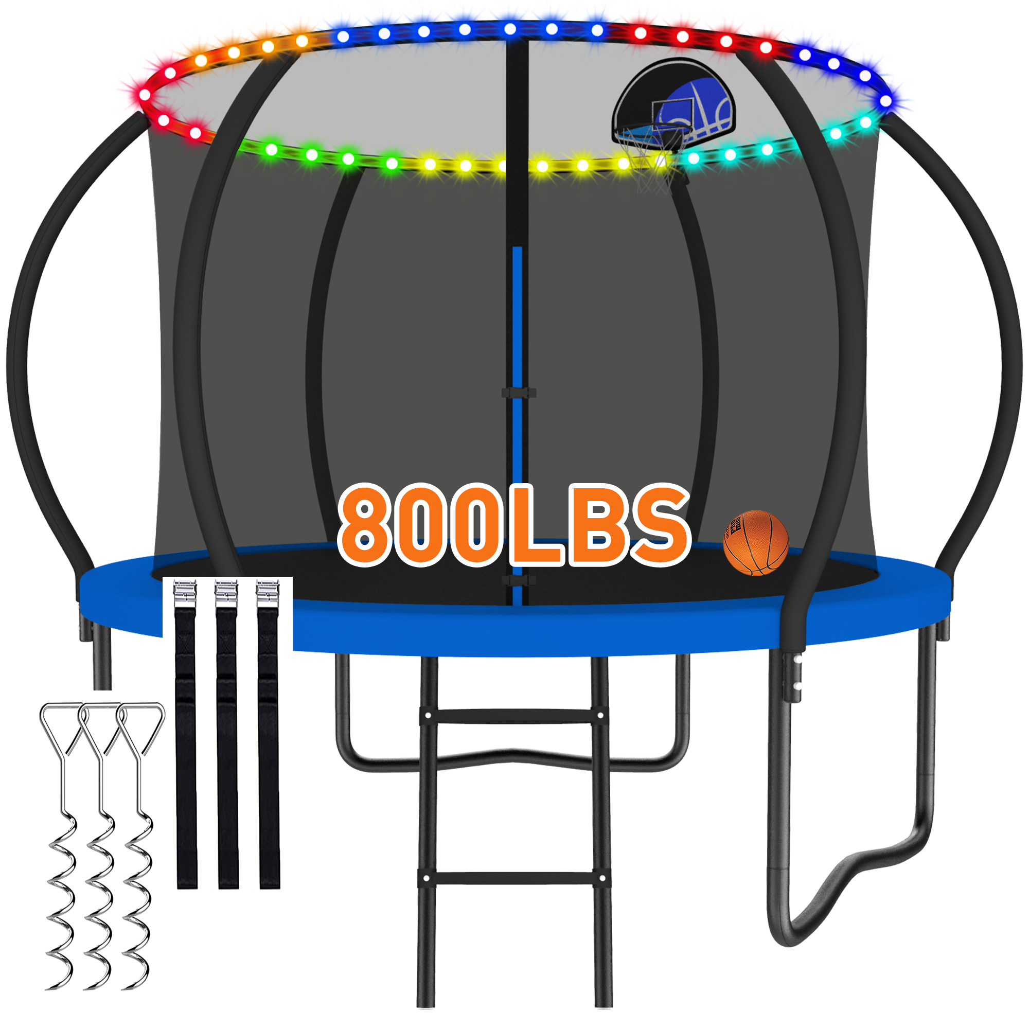 CITYLE 8FT Trampoline with Enclosure Net and Lights, Outdoor Trampoline for Kids and Adults, 800LBS Trampoline with Basketball Hoop, Galvanized Steel Heavy Duty Trampolines with Wind Stakes, Blue