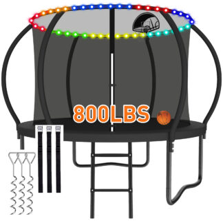 CITYLE 8FT Trampoline with Enclosure Net and Lights, Outdoor Trampoline for Kids and Adults, 800LBS Trampoline with Basketball Hoop, Galvanized Steel Heavy Duty Trampolines with Wind Stakes, Black