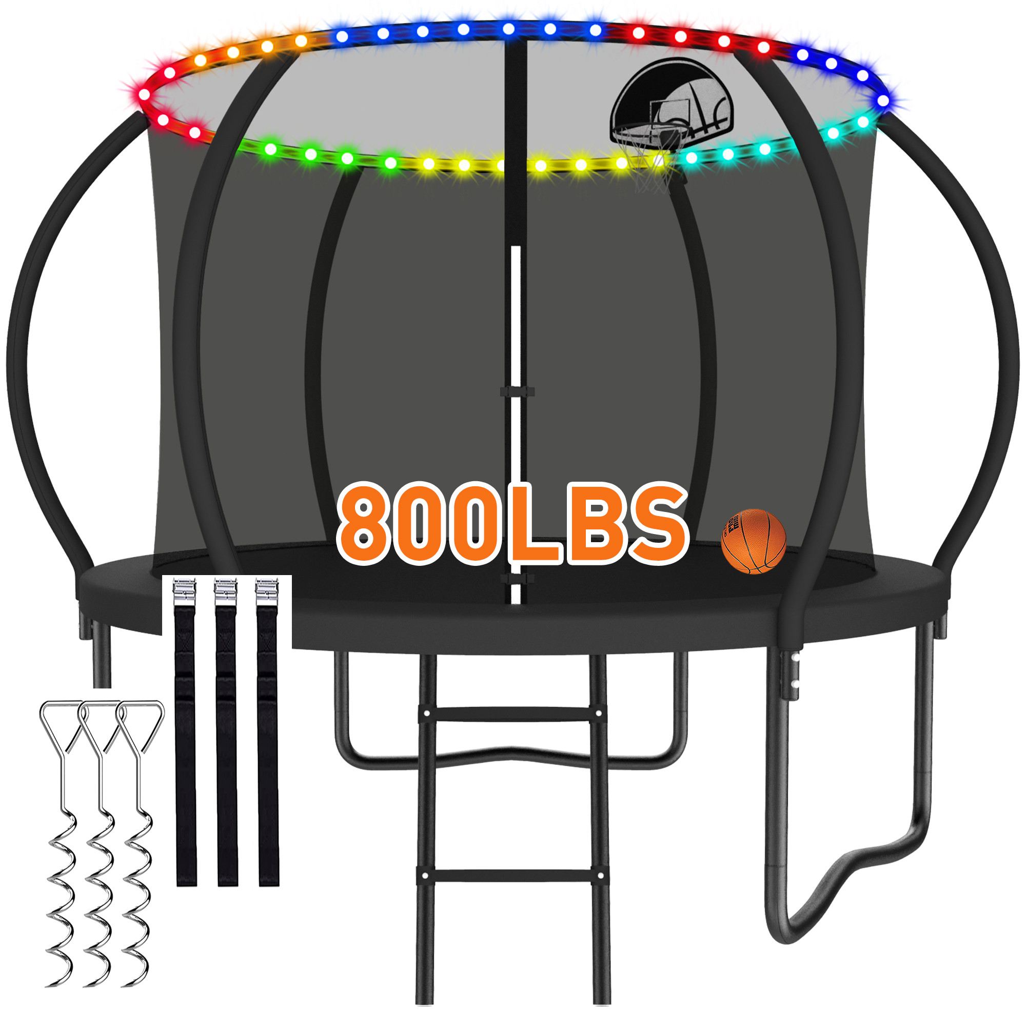 CITYLE 8FT Trampoline with Enclosure Net and Lights, Outdoor Trampoline for Kids and Adults, 800LBS Trampoline with Basketball Hoop, Galvanized Steel Heavy Duty Trampolines with Wind Stakes, Black
