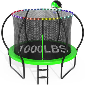 CITYLE 10FT Trampoline with Enclosure Net and Lights, Outdoor Trampoline for Kids and Adults, 1000LBS Trampoline with Basketball Hoop, Galvanized Steel Heavy Duty Trampolines with Wind Stakes, Green
