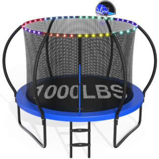 CITYLE 10FT Trampoline with Enclosure Net and Lights, Outdoor Trampoline for Kids and Adults, 1000LBS Trampoline with Basketball Hoop, Galvanized Steel Heavy Duty Trampolines with Wind Stakes,Blue