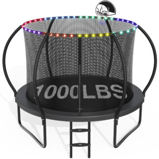 CITYLE 10FT Trampoline with Enclosure Net and Lights, Outdoor Trampoline for Kids and Adults, 1000LBS Trampoline with Basketball Hoop, Galvanized Steel Heavy Duty Trampolines with Wind Stakes, Black