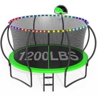 CITYLE Trampoline 1500LBS 12 14 15 16 FT Trampoline for Kids and Adults with Lights, 12FT Trampoline with Enclosure Net, Basketball Hoop, Wind Stakes, Heavy Duty Trampolines Outdoor, Green