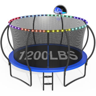 CITYLE Trampoline 1500LBS 12 14 15 16 FT Trampoline for Kids and Adults with Lights, 12FT Trampoline with Enclosure Net, Basketball Hoop, Wind Stakes, Heavy Duty Trampolines Outdoor, Blue
