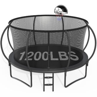 CITYLE 12FT Trampoline with Enclosure Net, Outdoor Trampoline for Kids and Adults, 1200LBS Trampoline with Basketball Hoop, Galvanized Steel Heavy Duty Trampolines with Wind Stakes, Xmas Gift