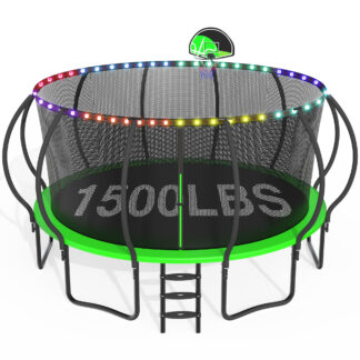 CITYLE Trampoline 1500LBS 12 14 15 16 FT Trampoline for Kids and Adults with Lights, 16FT Trampoline with Enclosure Net, Basketball Hoop, Wind Stakes, Heavy Duty Trampolines Outdoor, Green