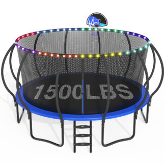 CITYLE Trampoline 1500LBS 12 14 15 16 FT Trampoline for Kids and Adults with Lights, 16FT Trampoline with Enclosure Net, Basketball Hoop, Wind Stakes, Heavy Duty Trampolines Outdoor, Blue